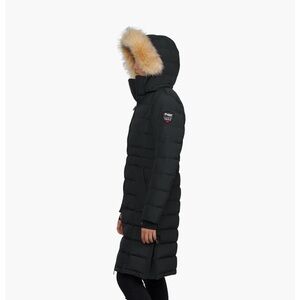 Pajar Black Long Down Puffer Coat with Faux-Fur Trimmed Hood